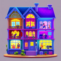 A vibrant 2D house design for a music creation game, visually representing a building where each floor corresponds to a different music genre
