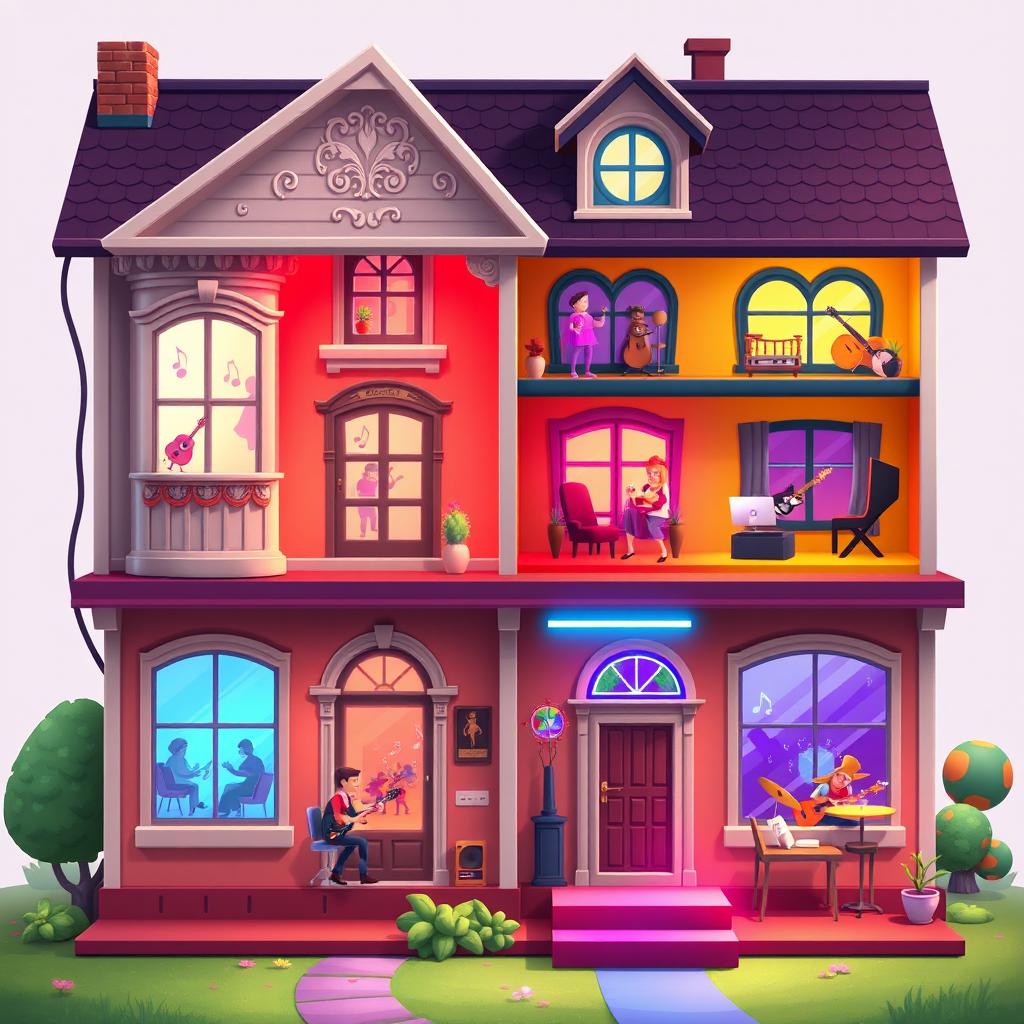 A vibrant 2D house design for a music creation game, visually representing a building where each floor corresponds to a different music genre