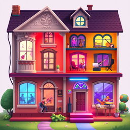 A vibrant 2D house design for a music creation game, visually representing a building where each floor corresponds to a different music genre
