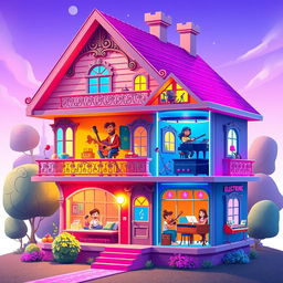 A vibrant 2D house design for a music creation game, visually representing a building where each floor corresponds to a different music genre