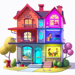 A vibrant 2D house design for a music creation game, visually representing a building where each floor corresponds to a different music genre