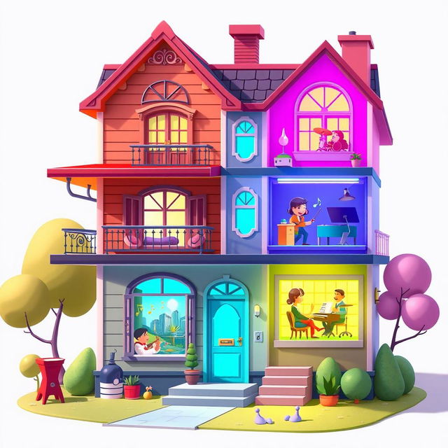 A vibrant 2D house design for a music creation game, visually representing a building where each floor corresponds to a different music genre