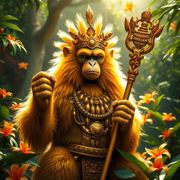 A majestic golden-furred monkey king radiating a golden aura, confidently holding a uniquely engraved golden staff