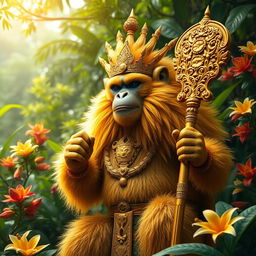 A majestic golden-furred monkey king radiating a golden aura, confidently holding a uniquely engraved golden staff