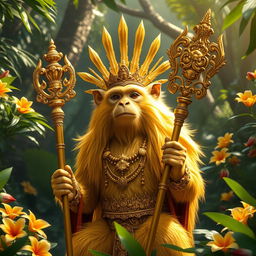A majestic golden-furred monkey king radiating a golden aura, confidently holding a uniquely engraved golden staff
