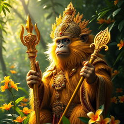 A majestic golden-furred monkey king radiating a golden aura, confidently holding a uniquely engraved golden staff