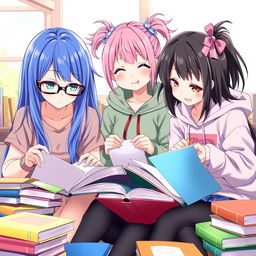 Three anime-style girls studying together, surrounded by colorful textbooks and notebooks
