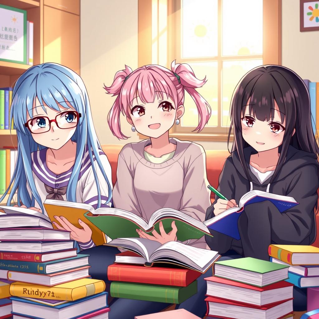 Three anime-style girls studying together, surrounded by colorful textbooks and notebooks