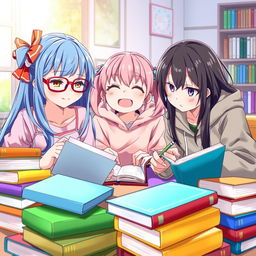 Three anime-style girls studying together, surrounded by colorful textbooks and notebooks