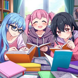 Three anime-style girls studying together, surrounded by colorful textbooks and notebooks