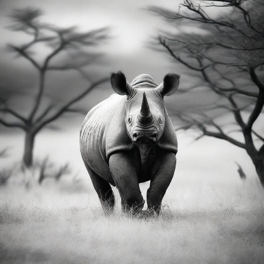 This is a high-resolution black and white photograph of a black rhino in the wild