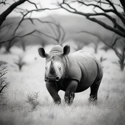 This is a high-resolution black and white photograph of a black rhino in the wild