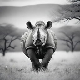 This is a high-resolution black and white photograph of a black rhino in the wild