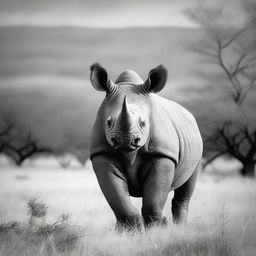 This is a high-resolution black and white photograph of a black rhino in the wild