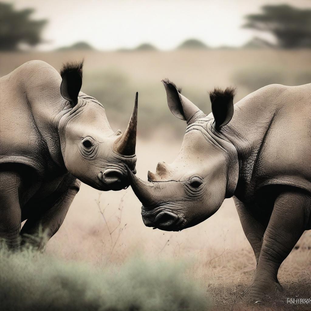 This is a semi-faded, vintage-style photograph of black rhinos feeding on plants