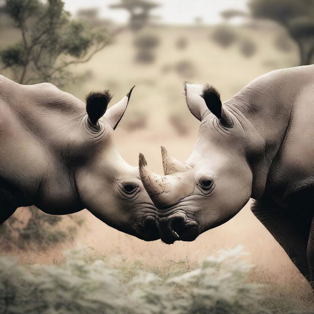 This is a semi-faded, vintage-style photograph of black rhinos feeding on plants