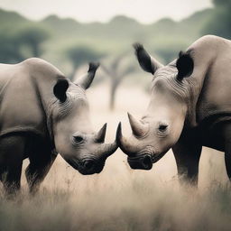 This is a semi-faded, vintage-style photograph of black rhinos feeding on plants