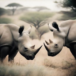 This is a semi-faded, vintage-style photograph of black rhinos feeding on plants