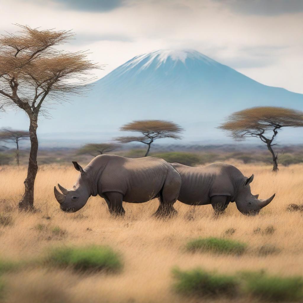 This is a semi-faded, high-quality photograph of black rhinos grazing on plants in East Africa