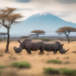 This is a semi-faded, high-quality photograph of black rhinos grazing on plants in East Africa