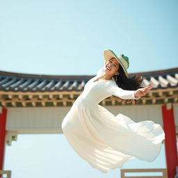 A beautiful Korean woman wearing a long white dress and a unique crocodile-shaped hat, gracefully soaring through the air while facing the camera and laughing joyfully
