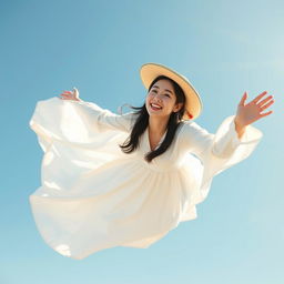 A beautiful Korean woman wearing a long white dress and a unique crocodile-shaped hat, gracefully soaring through the air while facing the camera and laughing joyfully