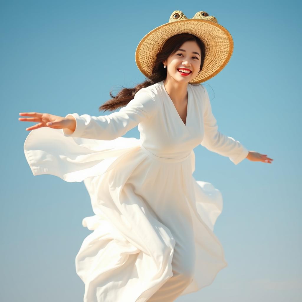 A beautiful Korean woman wearing a long white dress and a unique crocodile-shaped hat, gracefully soaring through the air while facing the camera and laughing joyfully