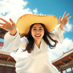A beautiful Korean woman wearing a long white dress and a unique crocodile-shaped hat, gracefully soaring through the air while facing the camera and laughing joyfully