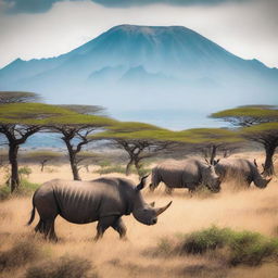 This is a semi-faded, high-quality photograph of black rhinos grazing on plants in East Africa