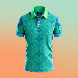 A stylish polo shirt design featuring vibrant colors and intricate patterns