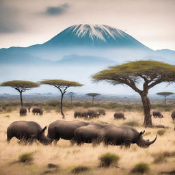 This is a semi-faded, high-quality photograph of black rhinos grazing on plants in East Africa