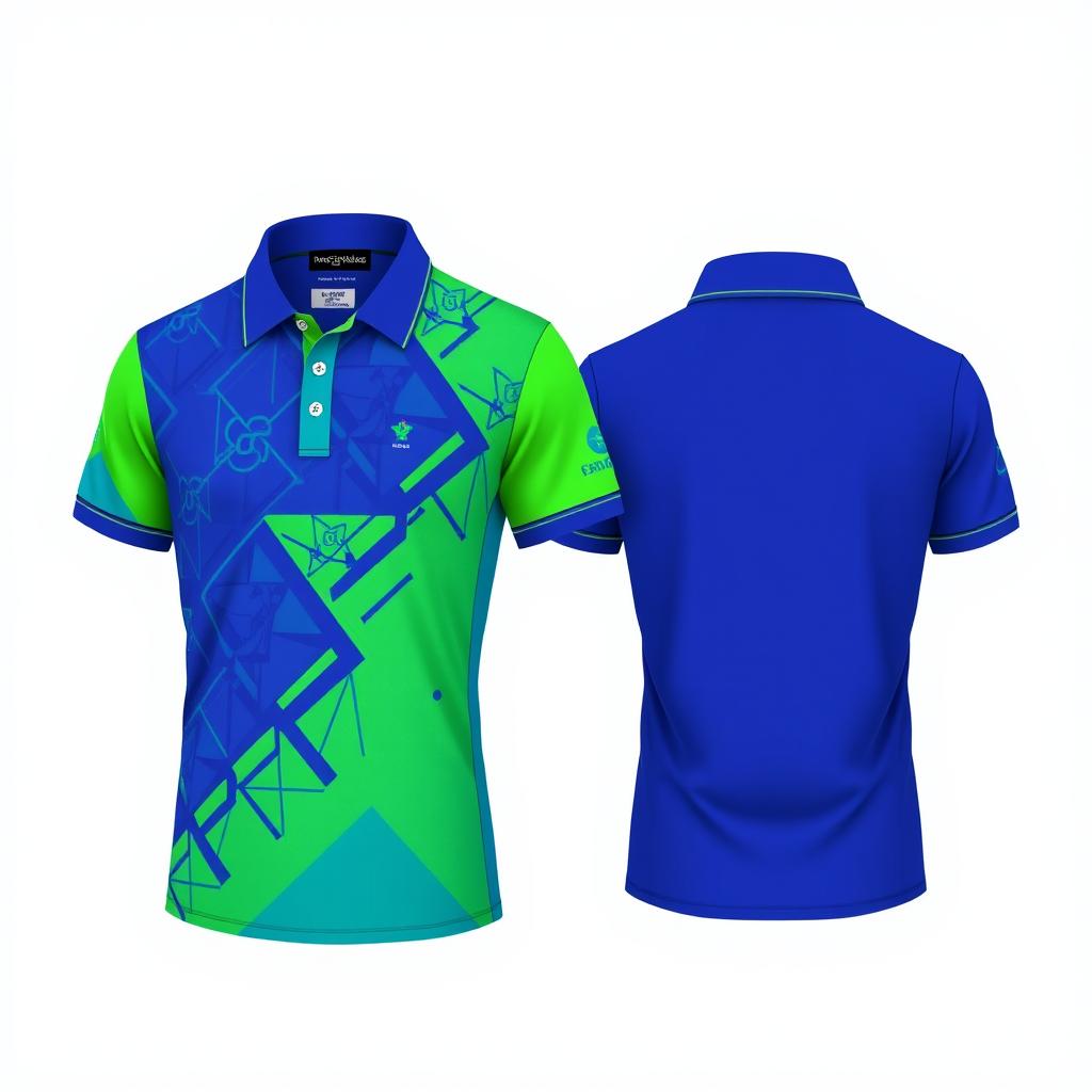 A stylish polo shirt design featuring vibrant colors and intricate patterns
