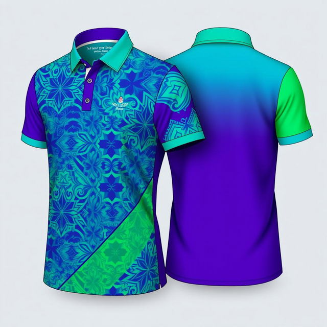 A stylish polo shirt design featuring vibrant colors and intricate patterns