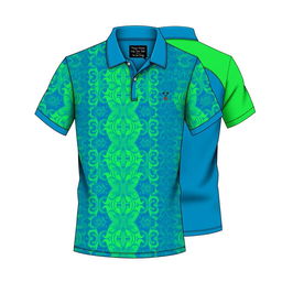 A stylish polo shirt design featuring vibrant colors and intricate patterns