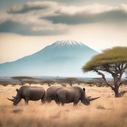 This is a semi-faded, high-quality photograph of black rhinos grazing on plants in East Africa