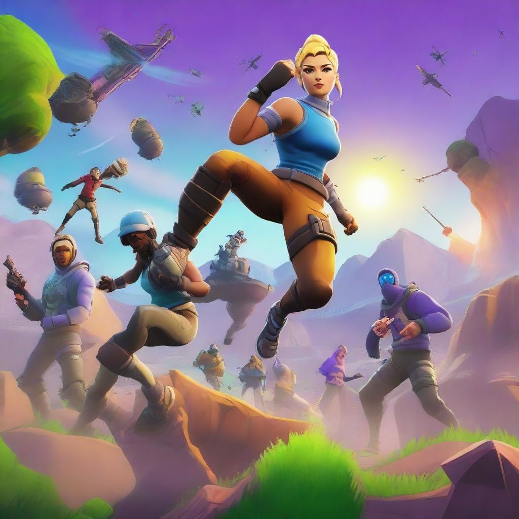 A vibrant digital art image showcasing a dynamic Fortnite scene