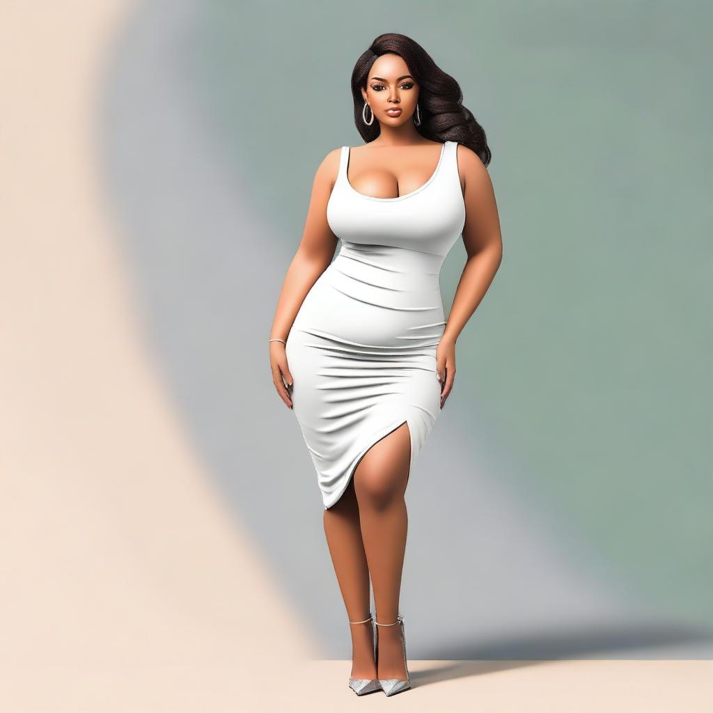 Generate a high-quality digital art image featuring a woman with a curvaceous figure wearing a form-fitting dress