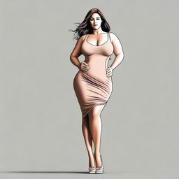 Create a high-quality digital art image of a fit, curvaceous woman in a form-fitting dress