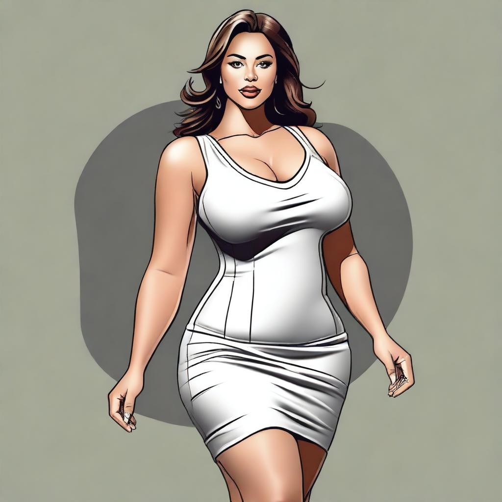 Create a high-quality digital art image of a fit, curvaceous woman in a form-fitting dress