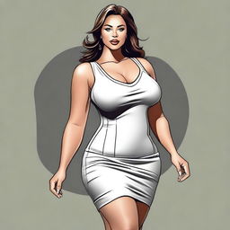 Create a high-quality digital art image of a fit, curvaceous woman in a form-fitting dress