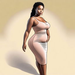 Create a high-quality digital art image of a fit, curvaceous woman in a form-fitting dress