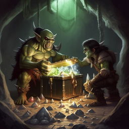 The orc named Matt and the elf called Max encountering a group of glistening slimes, vigilantly guarding a grand treasure chest in the gloomy dungeon.