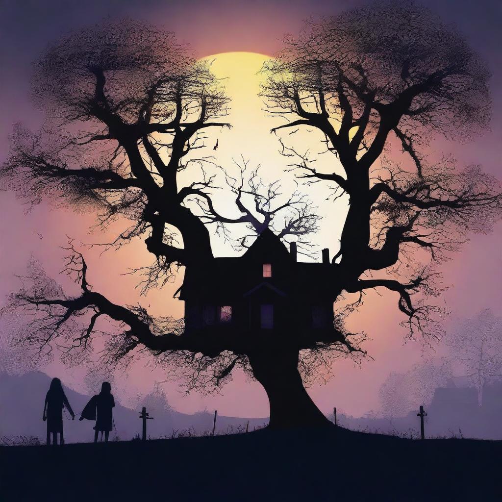 This is a high-quality digital art image that portrays a chilling 'Welcome Home' scene set at twilight, with creepy trees adding an element of horror