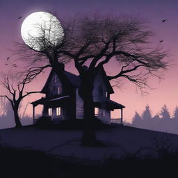 This is a high-quality digital art image that portrays a chilling 'Welcome Home' scene set at twilight, with creepy trees adding an element of horror