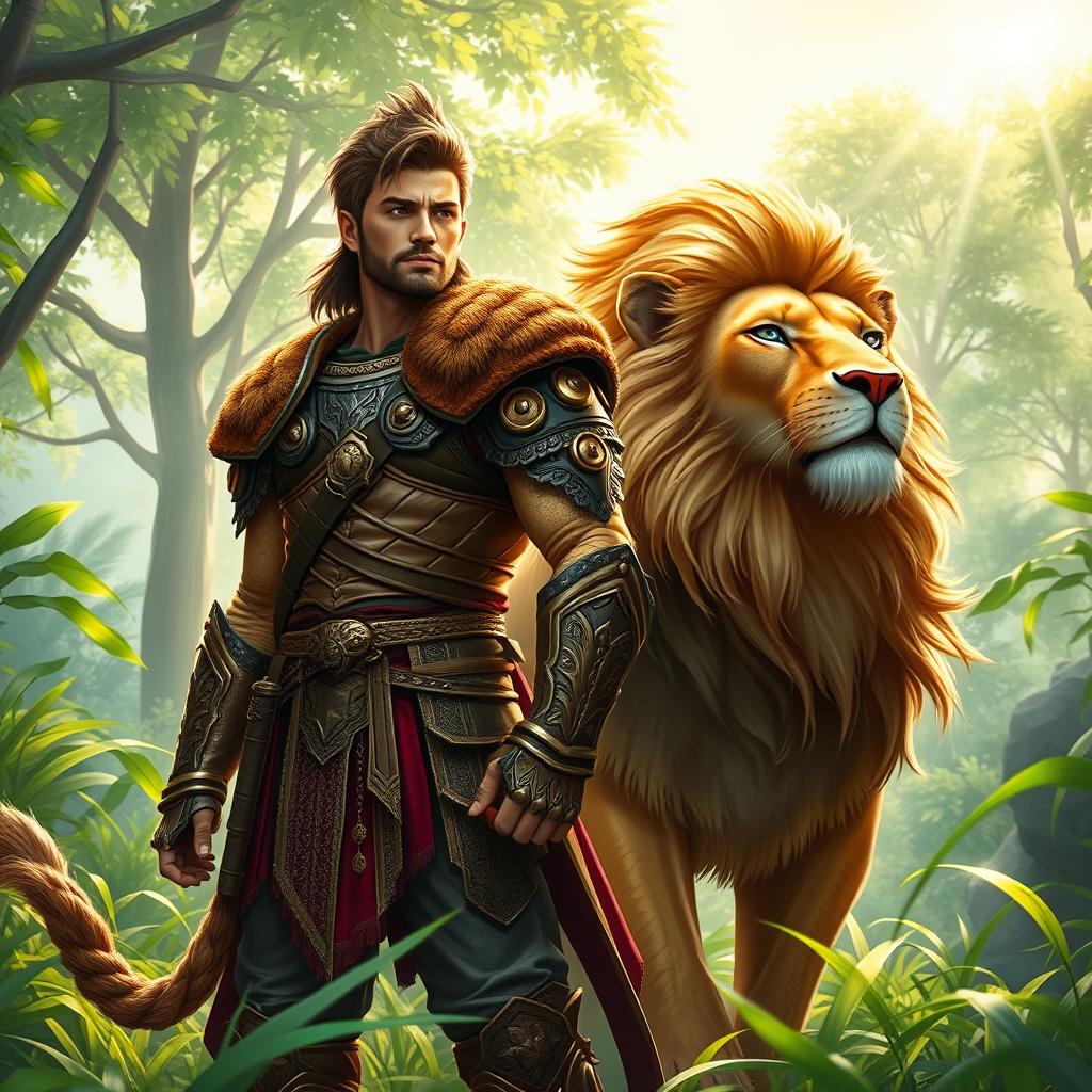 A dynamic and engaging scene depicting a warrior character standing confidently next to a majestic lion in a vibrant jungle