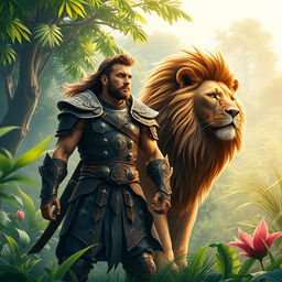 A dynamic and engaging scene depicting a warrior character standing confidently next to a majestic lion in a vibrant jungle