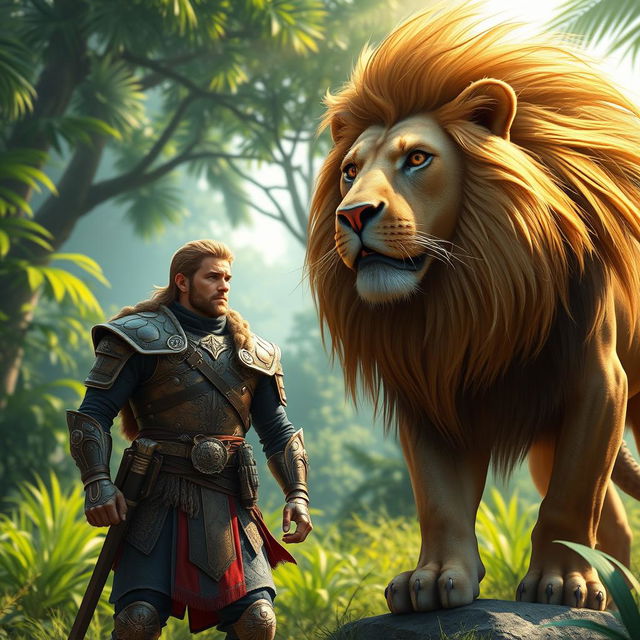 A dynamic and engaging scene depicting a warrior character standing confidently next to a majestic lion in a vibrant jungle