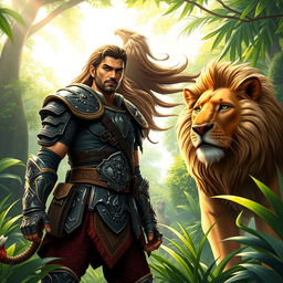 A dynamic and engaging scene depicting a warrior character standing confidently next to a majestic lion in a vibrant jungle