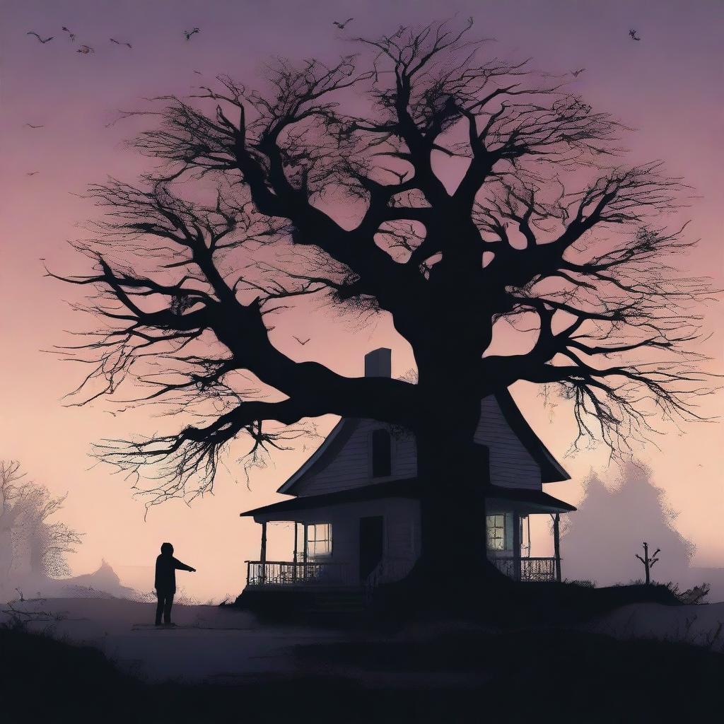 This is a high-quality digital art image that portrays a chilling 'Welcome Home' scene set at twilight, with creepy trees adding an element of horror