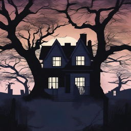 This is a high-quality digital art image that portrays a chilling 'Welcome Home' scene set at twilight, with creepy trees adding an element of horror